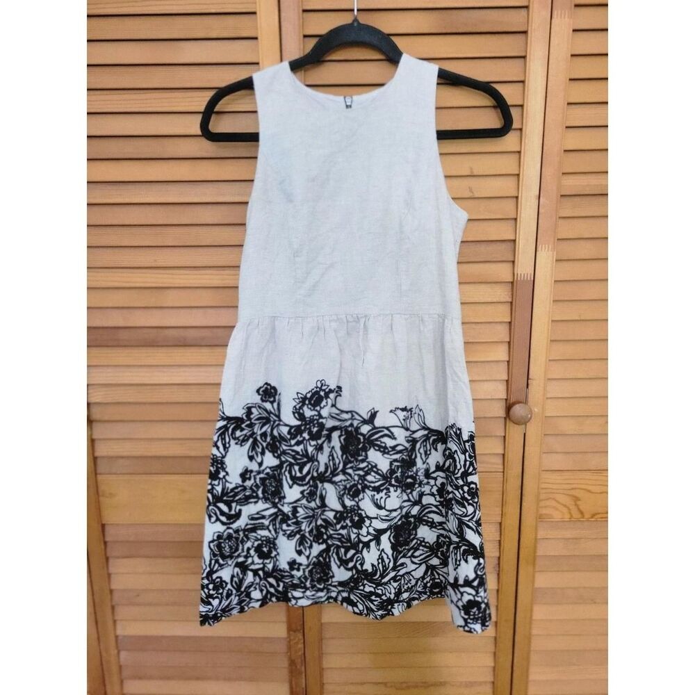 Classic Elegant Preppy Boho Tan Linen and Black Loft Women's Dress 2P